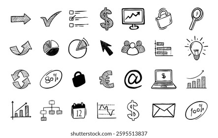 This image features a collection of hand drawn icons related to business, finance, and technology.