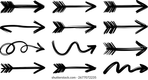 Esta Imagen presenta una colección de flechas dibujadas a mano en color negro. Las flechas están aisladas sobre un fondo blanco y tienen un diseño simple y artístico. Son perfectos.