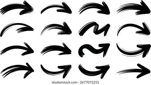 Esta Imagen presenta una colección de flechas dibujadas a mano en color negro. Las flechas están aisladas sobre un fondo blanco y tienen un diseño simple y artístico. Son perfectos.