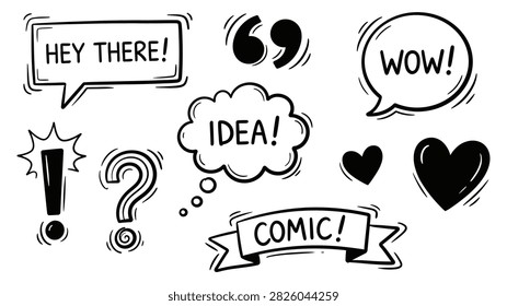 This image features a collection of hand-drawn comic speech bubbles, thought bubbles, and expressive elements like exclamation points and hearts, all on a clean white background.