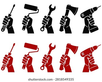 This image features a collection of hands gripping different construction tools in both black and red silhouettes, set against a clean white background, ideal for representing repair and maintenance.