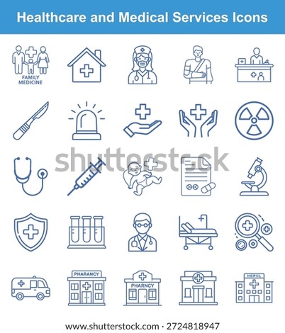 This image features a collection of healthcare and medical services icons, including family medicine, doctor, pharmacy, and hospital, illustrated in vector format, emphasizing medical care.