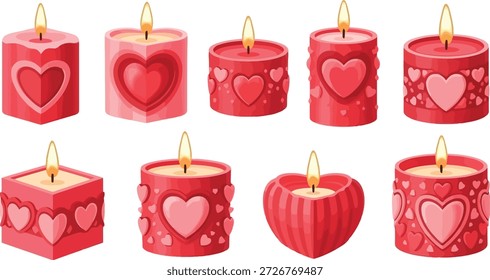 This image features a collection of heart-decorated candles on a black background. The candles come in various shapes and sizes, all adorned with heart designs in shades of pink and red. The flames on top of each candle add a warm and cozy ambiance to the image. The heart theme makes it suitable for Valentine's Day, anniversaries, or any romantic occasion.