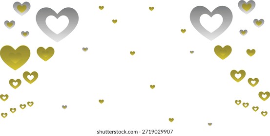 This image features a collection of hearts in various sizes and shades of gold, scattered across a white background. The hearts are predominantly golden, with a few larger hearts in a metallic silver tone. The hearts are dispersed randomly, creating a sense of whimsy and celebration.