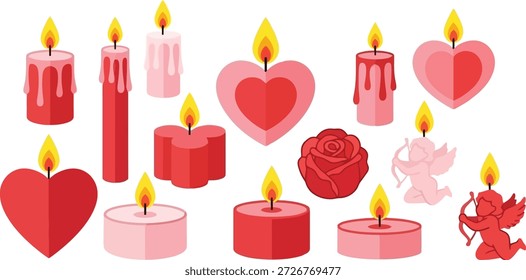 This image features a collection of heart-shaped candles and cupids on a black background, perfect for Valentine's Day. The illustration includes various shades of pink, red, and white candles with flames, heart-shaped icons, and cherubs with bow and arrow. The graphic design is festive and romantic, making it suitable for holiday celebrations and decorations.