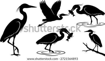 This image features a collection of heron silhouettes in different poses. The herons are depicted in various activities, including standing, flying, and holding fish. The black-and-white design emphasizes the elegant shapes and movements of these wading birds.