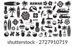 This image features a collection of iconic symbols and images representing Hawaii and its cultural heritage. It includes various elements such as palm trees, pineapples, surfboards, hula dancers, tiki masks, and traditional Hawaiian patterns. The word 