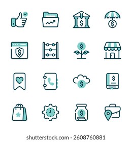 This image features a collection of icons representing various financial and business concepts