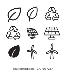Esta Imagen presenta una colección de íconos que representan varios aspectos de la sostenibilidad y las energías renovables. Los iconos incluyen hojas, símbolos de reciclaje, paneles solares y turbinas eólicas, haciendo hincapié en temas de conservación ambiental y energía limpia.
