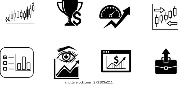 Esta Imagen presenta una colección de íconos que representan varios aspectos de las finanzas, la inversión y el crecimiento económico. Los íconos incluyen símbolos de bancos, gráficos, porcentajes y dinero, enfatizando temas de estabilidad financiera, crecimiento y progreso.