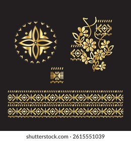 This image features a collection of intricate gold geometric patterns and floral designs on a black background.