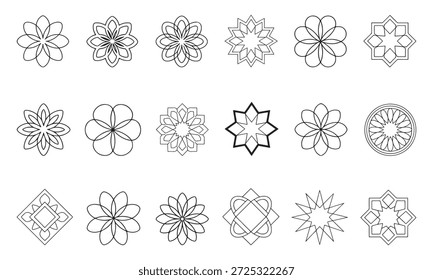 Esta Imagen presenta una colección de intrincados diseños de flores geométricas. Cada diseño muestra un patrón y simetría únicos, destacando la belleza de las Formas florales a través de formas geométricas. Los diseños varían en complejidad, algunos con múltiples capas y otros mostrando líneas más simples y elegantes.