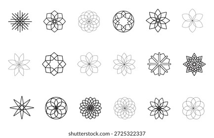 Esta Imagen presenta una colección de intrincados patrones geométricos de estrellas y flores dispuestos en una cuadrícula. Cada patrón es único, mostrando varios diseños simétricos con líneas y puntos. Los patrones van desde simples Formas estelares hasta complejas estructuras en forma de flores, todas creadas utilizando principios geométricos básicos.