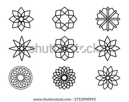 This image features a collection of intricate geometric patterns and symmetrical designs, each showcasing various floral motifs. The patterns are meticulously crafted with a focus on symmetry and precision, creating a visually appealing and harmonious display of geometric artistry.