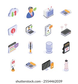 This image features a collection of isometric icons, depicting various modern communication and technology tools.