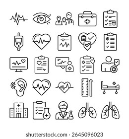 This image features a collection of line icons related to healthcare, medicine, and various aspects of health and well-being.
