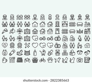 This image features a collection of line icons representing family, home, and lifestyle elements, all with a white background. The icons depict people, houses, furniture, pets, and various objects associated with daily life.