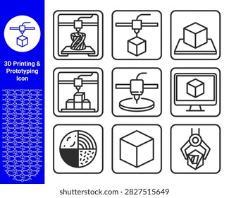 This image features a collection of linear vector icons representing the process of 3D printing and prototyping, including various stages and geometric shapes on a white background.