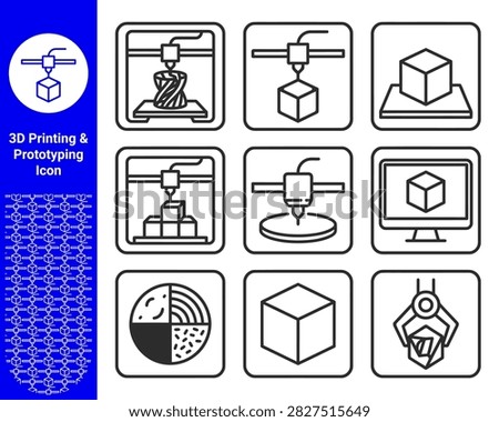 This image features a collection of linear vector icons representing the process of 3D printing and prototyping, including various stages and geometric shapes on a white background.