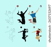 This image features a collection of male and female volleyball players in mid-air, captured in various stages of a jump or spike. The set includes detailed illustrations, solid black silhouettes