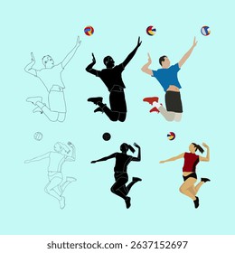 This image features a collection of male and female volleyball players in mid-air, captured in various stages of a jump or spike. The set includes detailed illustrations, solid black silhouettes
