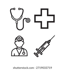 This image features a collection of medical icons including a stethoscope, a medical cross, a doctor wearing a mask and glasses, and a syringe. These icons represent various aspects of healthcare and medical practice.