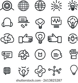 This image features a collection of minimalist, black line icons on a white background.