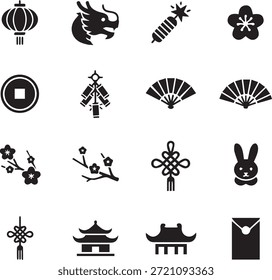 Esta imagem apresenta uma coleção de ícones chineses minimalistas de Ano Novo projetado em um estilo vetor plano. O conjunto é apresentado em silhuetas pretas sólidas contra um fundo branco puro, criando um alto contraste e estética profissional. Ele inclui símbolos culturais icônicos, como lanternas tradicionais, uma cabeça de dragão, fogos de artifício, moedas de sorte, fãs dobráveis, flores de ameixa, nós decorativos chineses, um coelho zodíaco, telhados de templo e um envelope vermelho (hongbao). As linhas limpas e formas simples tornam esses ícones versáteis para design gráfico moderno, mídia social e branding festivo.
