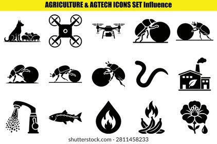 This image features a collection of monochromatic pictorial representations of agricultural implements livestock insects and natural elements. Notable elements include a plow drone watering can and a depiction of a barn. The style is pictorial.