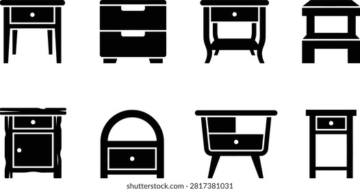 This image features a collection of nightstand silhouettes in a flat, black style. The nightstands vary in shape and design, and are presented on a transparent background, making them versatile for designers.