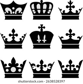 This image features a collection of nine black and white silhouette designs of various crown types.