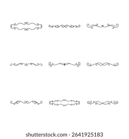 This image features a collection of nine elegant black swirl dividers and frames, all set against a clean, white background.