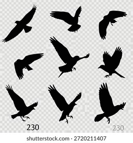 Esta Imagen presenta una colección de nueve siluetas negras de pájaros en vuelo, dispuestas en un patrón de cuadrícula contra un fondo claro. Cada ave es capturada en una pose diferente, mostrando la elegancia y gracia de su vuelo. La Imagen destaca la belleza y diversidad de las especies de aves, destacando su libertad y movimiento natural.