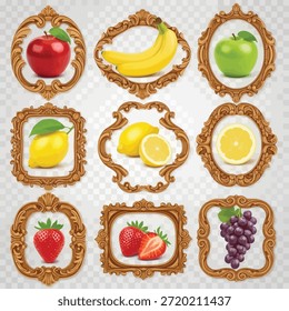 This image features a collection of nine different fruits, each placed within an ornate, decorative frame. The fruits include an apple, banana, kiwi, lemon, orange, strawberry, and grapes. The arrangement is visually appealing, with each fruit prominently displayed against a light background.