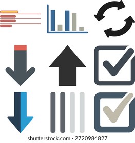 This image features a collection of nine distinct icons, commonly used in business, finance, and data analysis contexts. The top row includes a bar chart showing a downward trend, a set of horizontal bars possibly representing progress or data comparison, and two curved arrows indicating a cyclical process or refresh action. The middle row displays a large dark gray arrow pointing downwards and a black arrow pointing upwards, symbolizing movement or direction. To the right of these arrows is a square outline with a prominent checkmark inside, signifying completion or a positive selection. The bottom row contains another downward-pointing arrow, this one in blue with a red accent at the top, followed by a group of four vertical lines of varying shades of gray, which could represent a barcode or data columns. Finally, a second square with a checkmark, this one with a lighter shade of gray and blue outline, completes the set. The icons are presented on a white background, making them clearly visible and suitable for digital or print applications.