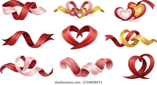 Esta imagem apresenta uma coleção de nove fitas em forma de coração em vários tons de vermelho, amarelo e rosa, dispostos em um plano de fundo branco. As fitas são entrelaçadas e curvadas em formas de coração, redemoinhos e outros padrões decorativos. A imagem é adequada para uso em projetos temáticos do Dia dos Namorados, gestos românticos ou como um elemento gráfico em materiais digitais e impressos.