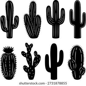This image features a collection of nine distinct cactus silhouettes, each showcasing unique shapes and sizes. The cacti are depicted in black against a white background, highlighting their spiky and varied forms. These silhouettes represent different species commonly found in desert environments.