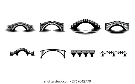 This image features a collection of nine different bridge silhouettes, each with its own unique design and character. The bridges are arranged in two rows, with five in the top row and four in the bottom row. The silhouettes are set against a clean white background, allowing the viewer to focus on the intricate details of each bridge. The image is perfect for use in architectural or engineering contexts, or as a decorative element in design projects. The bridges evoke a sense of tranquility and serenity, inviting the viewer to imagine scenic landscapes and peaceful waterways.