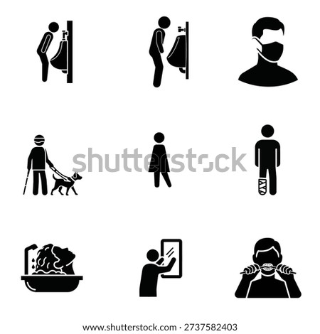 This image features a collection of nine black silhouette icons on a white background, showcasing various health and hygiene practices. The icons depict people wearing masks, washing hands, and using canes or crutches, as well as a person with a dog. The set also includes a silhouette of a person cleaning and a washbasin with soap and water. These graphics are commonly used in public spaces to convey important health and safety messages. The simple yet effective design of these icons makes them easily recognizable and understandable, emphasizing the importance of hygiene and health precautions in everyday life, especially in urban settings.