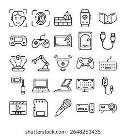 This image features a collection of outlined icons representing various technological devices, security measures, and electronic components in a clean, minimalist style.