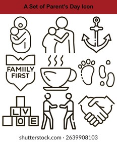 This image features a collection of Parent's Day-themed line icons, artistically arranged. The icons include families, hugs, love blocks, anchors, footprints, and a handshake symbol.