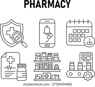 Esta Imagen presenta una colección de íconos relacionados con la farmacia Incluye una lupa sobre una píldora que simboliza la inspección de la medicación Un escudo con una cruz que indica la seguridad Un teléfono inteligente que muestra un recordatorio de píldora Un calendario con un recordatorio de píldora Un documento médico con un estante de botella de receta abastecido con varios frascos de medicamentos Y una configuración de laboratorio con tubos de prueba y equipos Todos los Elementos están aislados sobre un fondo transparente