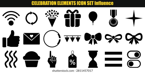 This image features a collection of pictorial representations associated with celebrations rendered in a two-tone style. The forms include a variety of objects and gestures commonly linked to festive occasions and events.