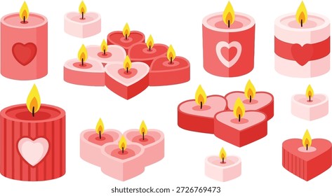 Dieses Bild zeigt eine Kollektion von rosafarbenen und roten herzförmigen Kerzen auf schwarzem Hintergrund. Die Kerzen sind in verschiedenen Formen und Größen erhältlich, wobei einige ein Herzdesign aufweisen. Die Flammen sind gelb und brennen stetig und verleihen der Szene ein warmes und gemütliches Ambiente. Das Bild ist perfekt für die Verwendung in Designs zum Valentinstag, Liebe und Romantik.