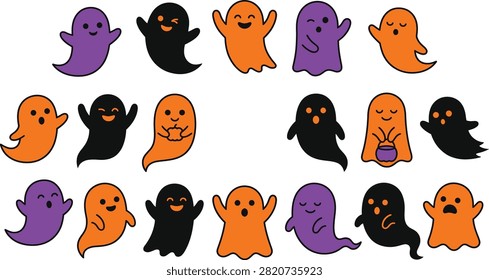 This image features a collection of playful, stylized cartoon ghost illustrations in various colors and expressions. Perfect for Halloween-themed projects, these vector ghosts showcase a range of emotions and designs, including transparent, semi-transparent, and solid fills. The ghosts are depicted in a friendly, whimsical manner, suitable for use in invitations, posters, digital art, and seasonal decorations. The clean, vector format ensures scalability and versatility for both print and digital applications.