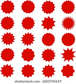 This image features a collection of red badge or sticker-style icons in various spiked or star-like shapes.
