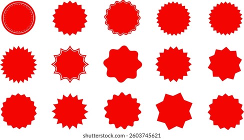 This image features a collection of red badge or sticker-style icons in various spiked or star-like shapes.