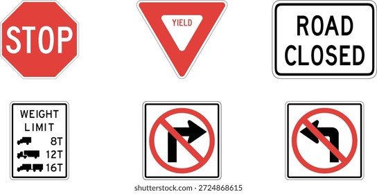 Esta Imagen presenta una colección de señales de tráfico utilizadas para el control y la seguridad del tráfico. Las señales incluyen indicadores de parada, rendimiento y carretera cerrada, así como símbolos de límite de peso y restricción direccional. Estas señales desempeñan un papel crucial a la hora de guiar a los conductores y garantizar la seguridad de los desplazamientos por carretera y autopista.