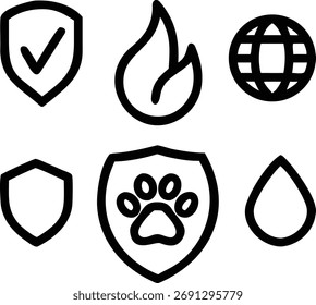 Esta Imagen cuenta con una colección de iconos de seguridad y protección. Los iconos incluyen un escudo, fuego, globo, huella de pata y gota de agua. Todos están aislados sobre fondo blanco.