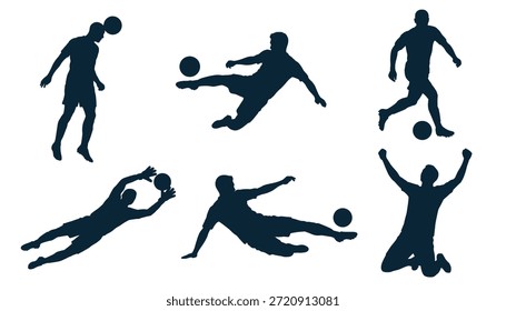 Esta Imagen presenta una colección de siete siluetas azul oscuro de jugadores de fútbol en varias poses dinámicas, mostrando su atletismo y movimiento sobre un fondo blanco limpio. Las siluetas representan a los jugadores pateando, corriendo, saltando y celebrando, transmitiendo una sensación de energía y emoción. La Imagen es perfecta para su uso en contextos relacionados con el deporte, como programas de entrenamiento de fútbol, anuncios de equipos deportivos o contenido editorial sobre el juego.